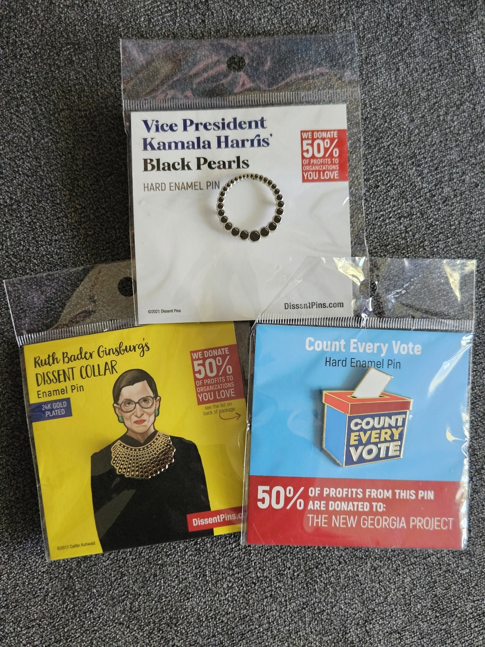 NWT Dissent Pins Bundle - RBG Collar, Kamala Pearls, Count Every Vote Three Pin